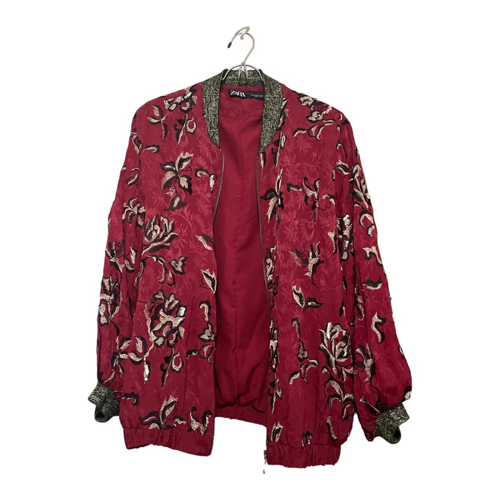 ZARA Women Burgundy Sequined Bomber Jacket